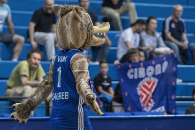 ZAGREB, CROATIA - MAY 09, 2018: Basketball quarter final match between Cibona vs. Skrljevo 116-77. Wolf mascot of KK Cibona