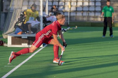 Zagreb, Hırvatistan - 28 Haziran 2018: Hırvatistan 2018 'de Hokey Serisi açıldı. İsviçre ve Galler arasında maç (1-7). Aktivoda saha hokeyi oyuncuları