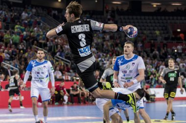 Zagreb, Hırvatistan - 15 Ocak 2018: Avrupa Erkekler Hentbol Şampiyonası, Ehf Euro 2018 ana tur Slovenya-Almanya maçı 25: 25. Görev sırasında Uwe Gensheimer (3)