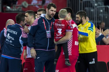 Zagreb, Hırvatistan - 17 Ocak 2018: Avrupa Erkekler Hentbol Şampiyonası, Ehf Euro 2018 ana tur karşılaşması Hırvatistan - Çek Cumhuriyeti 28: 27. Hırvat oyuncular zaferi kutluyor