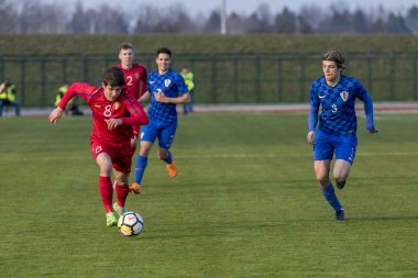 Velika Gorica, Hırvatistan - 27 Mart 2018: Avrupa 21 Yaş Altı Şampiyonası Ön Eleme Turu. Hırvatistan ile Moldova arasında oynanan karşılaşma 4-0. Eylem Veaceslav Zagaevschii (8)