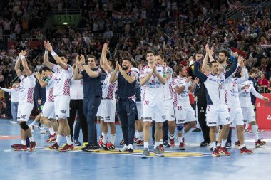 Zagreb, Hırvatistan - 20 Ocak 2018: Avrupa Erkekler Hentbol Şampiyonası, Ehf Euro 2018 ana turu Hırvatistan - Norveç maçı 32: 28. Hırvat oyuncular zaferi kutluyor
