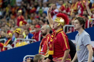 Zagreb, Hırvatistan - 13 Ocak 2018: Avrupa Erkekler Hentbol Şampiyonası, Ehf Euro 2018 Grup Makedonya - Slovenya maçı 25: 24. Makedon taraftarlar tribünde