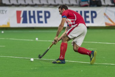 Zagreb, Hırvatistan - 29 Haziran 2018: Hırvatistan 2018 'de Hokey Serisi açıldı. Hırvatistan ile Slovakya arasında maç (6-1). Aktivoda saha hokeyi oyuncuları