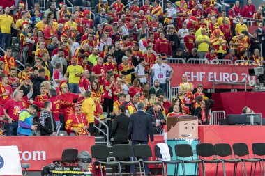 Zagreb, Hırvatistan - 13 Ocak 2018: Avrupa Erkekler Hentbol Şampiyonası, Ehf Euro 2018 Grup Makedonya - Slovenya maçı 25: 24. Makedon taraftarlar tribünde