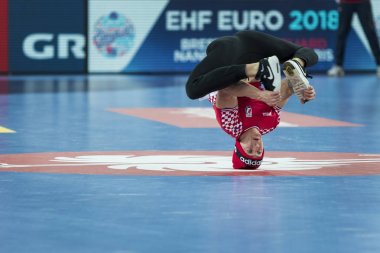 Zagreb, Hırvatistan - 18 Ocak 2018: Avrupa Erkekler Hentbol Şampiyonası, Ehf Euro 2018 ana tur Hırvatistan - Belarus 25: 23. Etkinlikte frakedansçı gösterisi.
