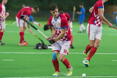 Zagreb, Hırvatistan - 29 Haziran 2018: Hırvatistan 2018 'de Hokey Serisi açıldı. Hırvatistan ile Slovakya arasında maç (6-1). Aktivoda saha hokeyi oyuncuları