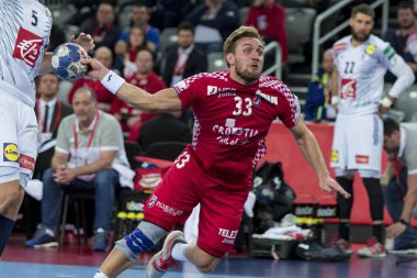 Zagreb, Hırvatistan - 24 Ocak 2018: Avrupa Erkekler Hentbol Şampiyonası, Ehf Euro 2018 ana turu Hırvatistan-Fransa maçı 27: 30. Luka Cindriç (33))