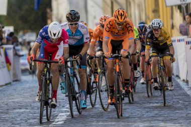 ZAGREB, CROATIA - APRIL 22, 2018: Bicycle race Tour of Croatia 2018. Cyclists driving the last stage in city of Zagreb