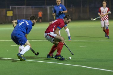 Zagreb, Hırvatistan - 29 Haziran 2018: Hırvatistan 2018 'de Hokey Serisi açıldı. Hırvatistan ile Slovakya arasında maç (6-1). Aktivoda saha hokeyi oyuncuları