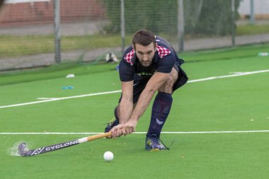 Zagreb, Hırvatistan - 30 Haziran 2018: Hırvatistan 'da Hokey Serisi açıldı. Galler ile Hırvatistan arasındaki maç (9-0). Saha Hokeyi oyuncuları iş başında