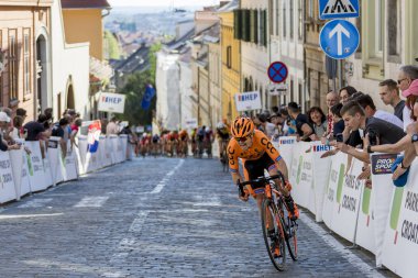 ZAGREB, CROATIA - APRIL 22, 2018: Bicycle race Tour of Croatia 2018. Cyclists driving the last stage in city of Zagreb