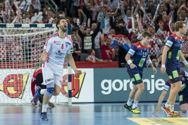 Zagreb, Hırvatistan - 20 Ocak 2018: Avrupa Erkekler Hentbol Şampiyonası, Ehf Euro 2018 ana turu Hırvatistan - Norveç maçı 32: 28. Marko Kopljar (8) kutlama golü