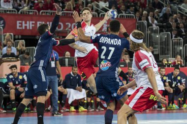 Zagreb, Hırvatistan - 28 Ocak 2018: Avrupa Erkekler Hentbol Şampiyonası, Ehf Euro 2018 Fransa - Danimarka 32: 29. Eylemde Kirkelokke Niclas (3