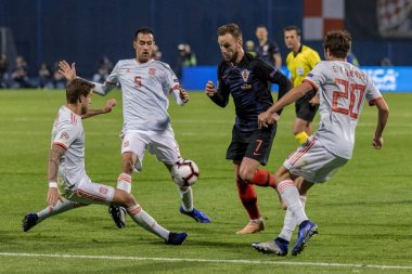ZAGREB, CROATIA - NOVEMBER 15, 2018: UEFA Nations League football match Croatia vs. Spain. In action Ivan Rakitic (7), Sergio Busquets (5), Sergi Roberto (20) and Inigo Martinez (4)