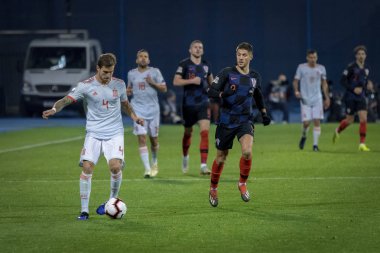ZAGREB, CROATIA - NOVEMBER 15, 2018: UEFA Nations League football match Croatia vs. Spain. In action Inigo Martinez (4) and Andrej Kramaric (9)
