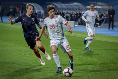 ZAGREB, CROATIA - NOVEMBER 15, 2018: UEFA Nations League football match Croatia vs. Spain. In action Tin Jedvaj (16) and Sergi Roberto (20)