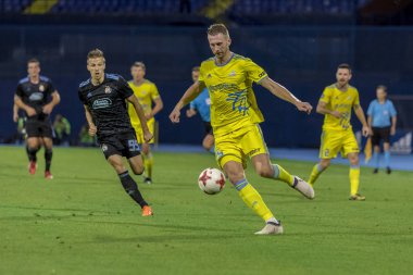 Zagreb, Hırvatistan - 14 Ağustos 2018: Uefa Şampiyonları Leauge eleme turu. Gnk Dinamo, Fc Astana 'ya karşı. Sergei Maliy (25)