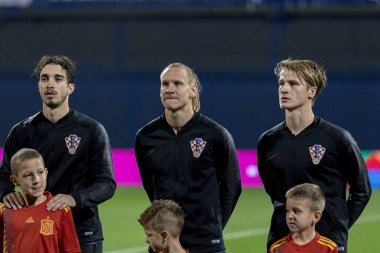 ZAGREB, CROATIA - NOVEMBER 15, 2018: UEFA Nations League football match Croatia vs. Spain. Sime Vrsaljko (2), Domagoj Vida (21) and Tin Jedvaj (16)