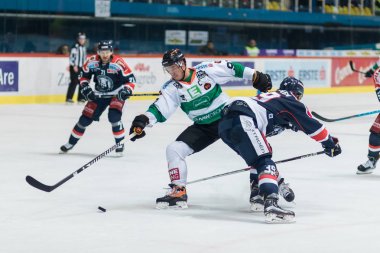 ZAGREB, CROATIA - SEPTEMBER 22, 2017: EBEL ice hockey league match between Medvescak Zagreb and  Graz 99ers. Marko POYHONEN (39) and SETZINGER Oliver (91) in duel