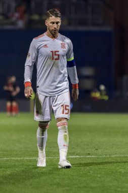 ZAGREB, CROATIA - NOVEMBER 15, 2018: UEFA Nations League football match Croatia vs. Spain. In action Sergio Ramos (15) leaving playing field