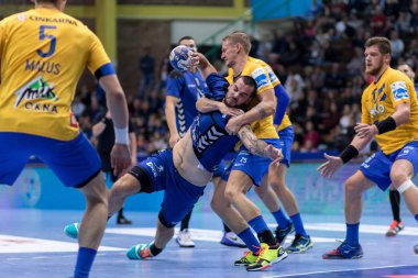 ZAGREB, CROATIA - SEPTEMBER 19, 2017: SEHA League PPD Zagreb VS RK Celje Pivovarna Lasko. SUSNJA Leon (19) trying to shoot at the goal