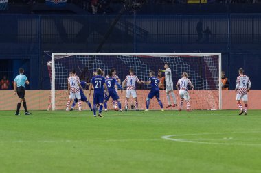 Zagreb, Hırvatistan - 09 Kasım 2017: 2018 Fifa Dünya Kupası Avrupa elemeleri Rusya. Hırvatistan Yunanistan 'a karşı. Sokratis Papastathopoulos (19) golü kafa vuruşuyla atıyor 