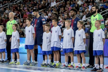 Zagreb, Hırvatistan - 29 Eylül 2018: Ehf man 's Championship League. PD Zagreb, Paris Saint-Germain 'e karşı. Psg oyuncuları dizilimi