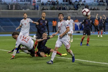 ZAGREB, CROATIA - NOVEMBER 15, 2018: UEFA Nations League football match Croatia vs. Spain. In action Domagoj Vida (21), Sergio Ramos (15) and Sergi Roberto (20)