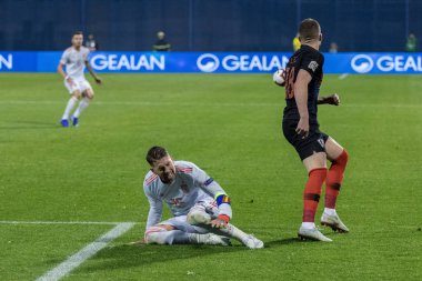 ZAGREB, CROATIA - NOVEMBER 15, 2018: UEFA Nations League football match Croatia vs. Spain. In action Ante Rebic (18) and Sergio Ramos (15)