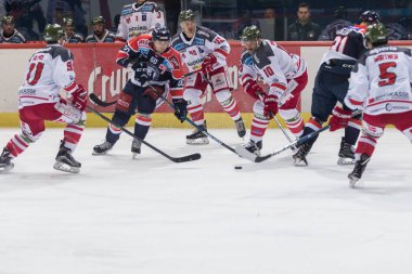 Zagreb, Hırvatistan - 10 Kasım 2017: Medvescak Zagreb ile Bolzano Foxes arasındaki Ebel buz hokeyi ligi maçı. Hokey oyuncuları puck için savaşıyor.