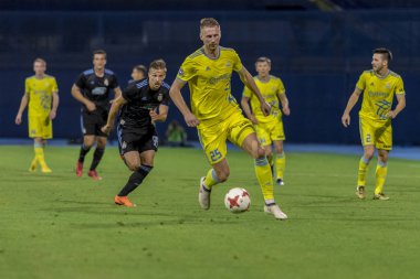 Zagreb, Hırvatistan - 14 Ağustos 2018: Uefa Şampiyonları Leauge eleme turu. Gnk Dinamo, Fc Astana 'ya karşı. Sergei Maliy (25)