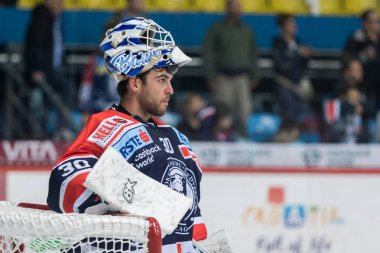 Zagreb, Hırvatistan - 10 Kasım 2017: Medvescak Zagreb ile Bolzano Foxes arasındaki Ebel buz hokeyi ligi maçı. Medvescak kalecisi Kevin Poulin (30)