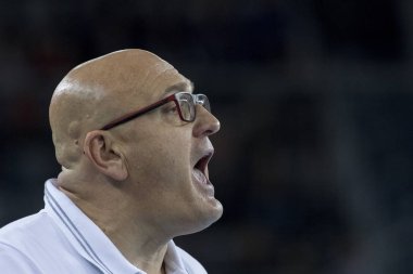 Zagreb, Hırvatistan - 23 Kasım 2017: Ehf Velux Şampiyonlar Ligi PD Zagreb - Fc Barcelona Lassa. Zlatan Saraceviç PPD Zagreb teknik direktörü