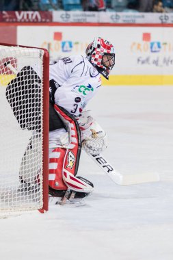Zagreb, Hırvatistan - 31 Ekim 2017: Medvescak Zagreb ile Orli Znojmo arasında Ebel buz hokeyi ligi maçı. Orli Znojmo hokey kalecisi Marek Schwarz (3) 