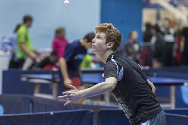 Zagreb, Hırvatistan - 25 Kasım 2017: Masa tenisi uluslararası anma töreni Antun Tova Stipanciç. Çocuk oyuncu topu servis ediyor.