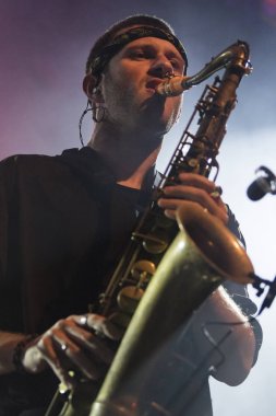 Zagreb, Hırvatistan - 01 Aralık 2017: New York 'tan Lucky Chops Amerikan bandosu Zagreb' deki Tvornica Kulture 'da (Kültür Fabrikası) sahne aldı  