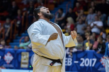 ZAGREB, CROATIA - OCTOBER 01, 2017:  IJF Judo Grand Prix Zagreb 2017. The two judokas fighters fighting 