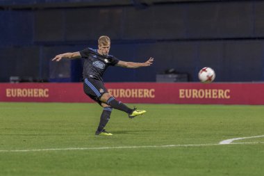 Zagreb, Hırvatistan - 14 Ağustos 2018: Uefa Şampiyonları Leauge eleme turu. Gnk Dinamo, Fc Astana 'ya karşı. Hareket halindeki Dani Olmo (7)