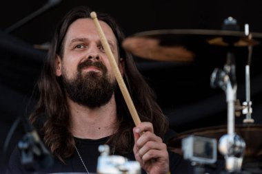 Zagreb, Hırvatistan - 27 Haziran 2017: Zagreb Rockfest. Hard Time grubu davulcusu Davor Keranoviç