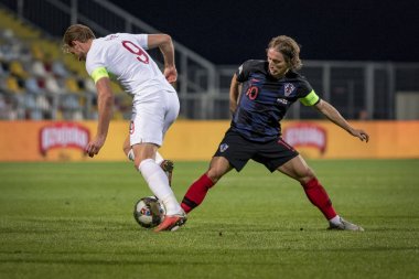 Rijeka, Hırvatistan - 12 Ekim 2018: Uefa Uluslar Ligi maçı Hırvatistan - İngiltere. Eylem Luka Modric (10)