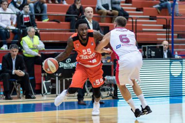 ZAGREB, CROATIA - SEPTEMBER 29, 2017: ABA league KK Cedevita Zagreb vs. KK FMP Beograd. Kevin Murphy (55) in actio