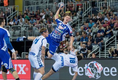 ZAGREB, CROATIA - SEPTEMBER 23, 2017: EHF Velux Champions League PPD Zagreb VS RK Pick Szeged. ZHITNIKOV Dmitry (89) shooting at the goal 