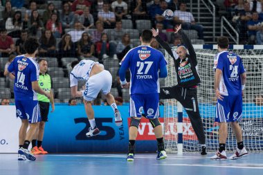 ZAGREB, CROATIA - SEPTEMBER 23, 2017: EHF Velux Champions League PPD Zagreb VS RK Pick Szeged. KONTREC Tin (9) shooting at the goal