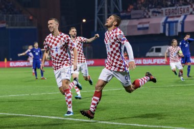 Zagreb, Hırvatistan - 09 Kasım 2017: 2018 Fifa Dünya Kupası Avrupa elemeleri Rusya. Hırvatistan Yunanistan 'a karşı. Andrej Kramariç (9) golü kutladı 