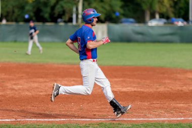 ZAGREB, CROATIA - SEPTEMBER 09, 2017: Baseball match between Baseball Club Zagreb and BK Olimpija 83. Baseball runner in action