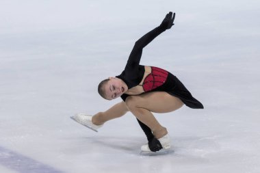 Zagreb, Hırvatistan - 08 Aralık 2017: Zagreb 'de artistik patinaj yarışması Golden Spin. Beyaz Rusya 'dan Katsiarina Pakhamovich