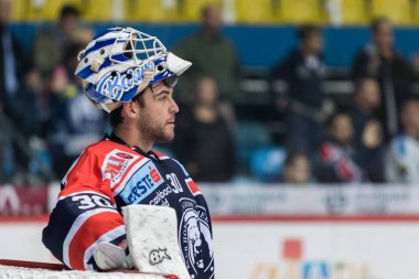 Zagreb, Hırvatistan - 10 Kasım 2017: Medvescak Zagreb ile Bolzano Foxes arasındaki Ebel buz hokeyi ligi maçı. Medvescak kalecisi Kevin Poulin (30)
