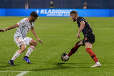 ZAGREB, CROATIA - NOVEMBER 15, 2018: UEFA Nations League football match Croatia vs. Spain. In action Ante Rebic (18) and Dani Ceballos (8)