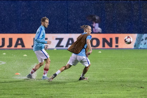 ZAGREB, CROATIA - SEPTEMBER 02, 2017: European qualifier for 2018 FIFA World CUp Russia. Croatia vs Kosovo. Ivan RAKITIC (7) and Domagoj VIDA (21) warming up